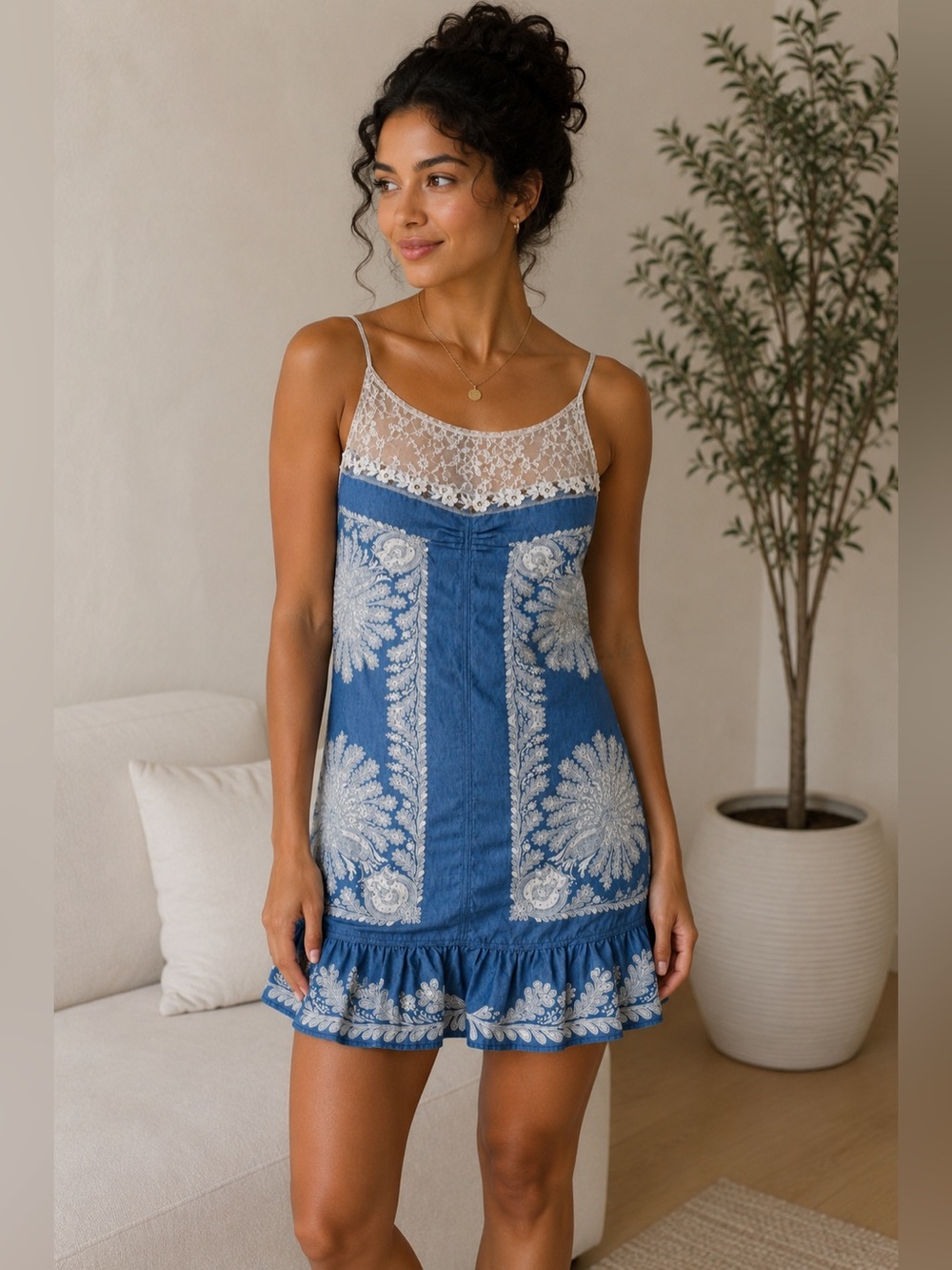 Free People Rare Blue Embroidered Lace Mini Dress Size 0